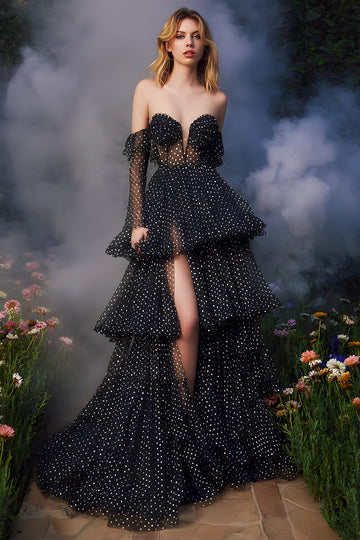 Black and Whit Dot Off The Shoulder Tiered A-Line Prom Dress With Slit